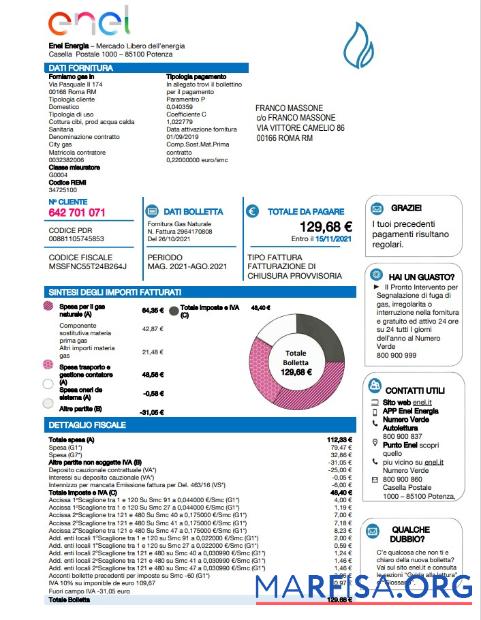 Downloadable Italy Enel Energia utility bill template in Word and PDF format